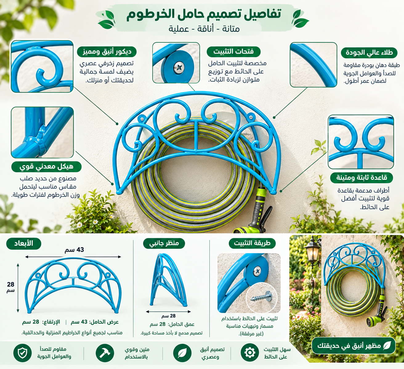 حامل خرطوم حديد حائطي ديكوري لجميع أنواع الخراطيم (Turquoise Garden Hose Wall Holder - 50m Capacity) - الصورة 2